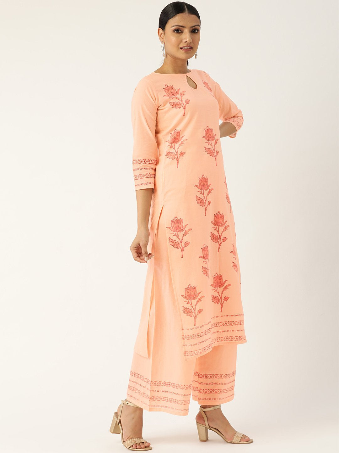 Women Peach-Coloured & Red Printed Kurta With Palazzos | LASVINI - Redefining Indian Fashion with Elegance
