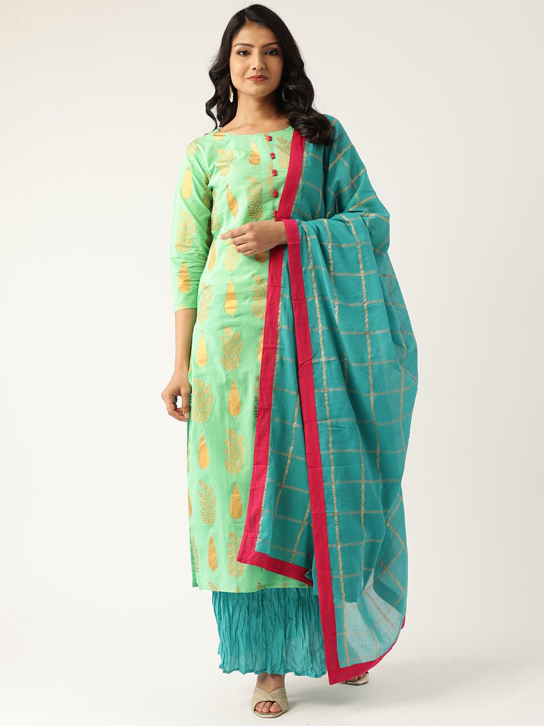 Women Green & Turquoise Blue Printed Kurta With Skirt & Dupatta | LASVINI - Redefining Indian Fashion with Elegance