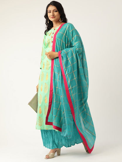 Women Green & Turquoise Blue Printed Kurta With Skirt & Dupatta | LASVINI - Redefining Indian Fashion with Elegance