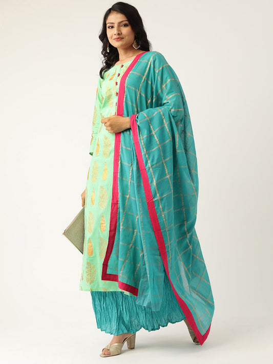 Women Green & Turquoise Blue Printed Kurta With Skirt & Dupatta | LASVINI - Redefining Indian Fashion with Elegance
