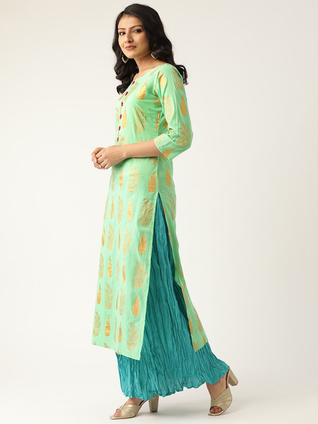 Women Green & Turquoise Blue Printed Kurta With Skirt & Dupatta | LASVINI - Redefining Indian Fashion with Elegance