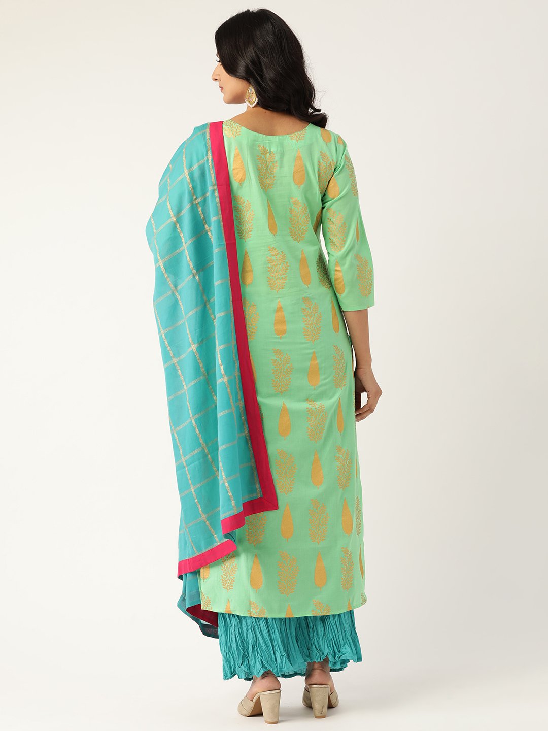 Women Green & Turquoise Blue Printed Kurta With Skirt & Dupatta | LASVINI - Redefining Indian Fashion with Elegance