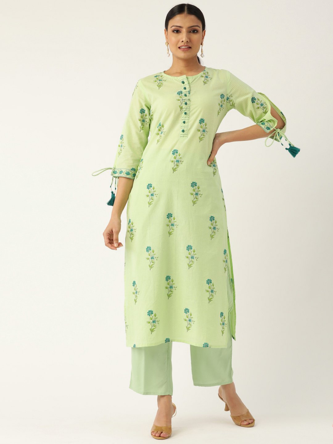 Women Pista Green Calf Length Three-Quarter Sleeves Straight Floral Printed Cotton Kurta | LASVINI - Redefining Indian Fashion with Elegance