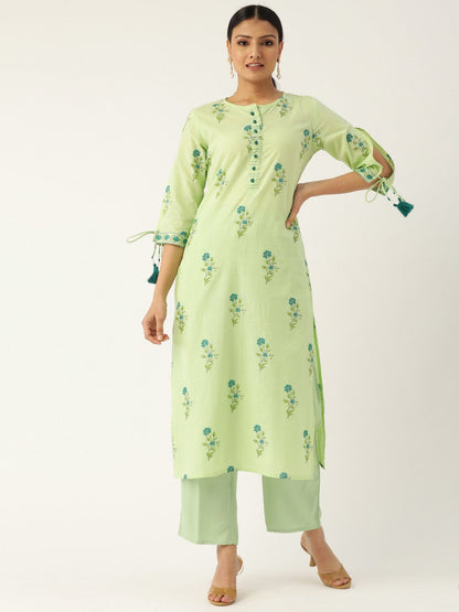Women Pista Green Calf Length Three-Quarter Sleeves Straight Floral Printed Cotton Kurta | LASVINI - Redefining Indian Fashion with Elegance