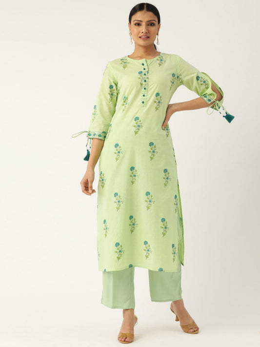 Women Pista Green Calf Length Three-Quarter Sleeves Straight Floral Printed Cotton Kurta | LASVINI - Redefining Indian Fashion with Elegance