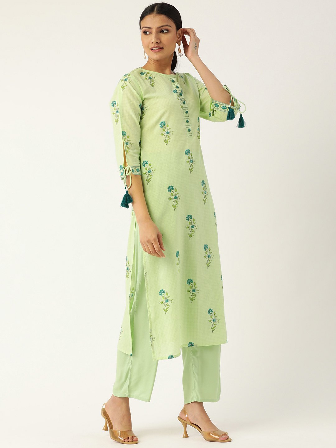 Women Pista Green Calf Length Three-Quarter Sleeves Straight Floral Printed Cotton Kurta | LASVINI - Redefining Indian Fashion with Elegance