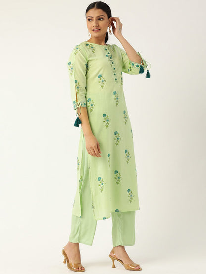 Women Pista Green Calf Length Three-Quarter Sleeves Straight Floral Printed Cotton Kurta | LASVINI - Redefining Indian Fashion with Elegance