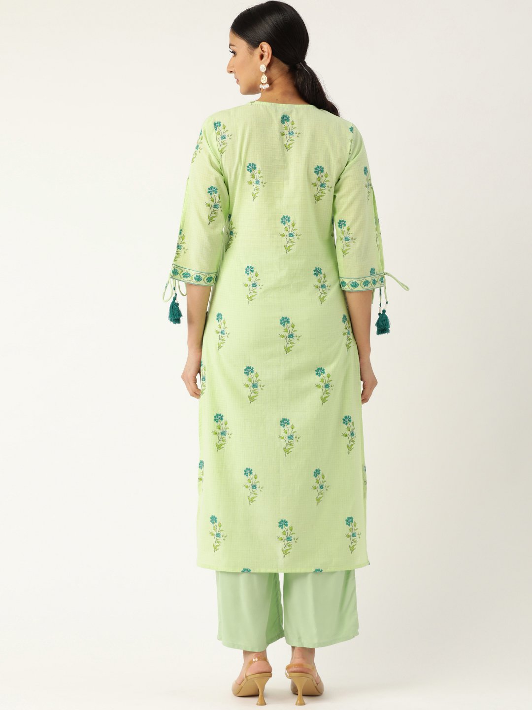 Women Pista Green Calf Length Three-Quarter Sleeves Straight Floral Printed Cotton Kurta | LASVINI - Redefining Indian Fashion with Elegance