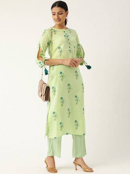 Women Pista Green Calf Length Three-Quarter Sleeves Straight Floral Printed Cotton Kurta | LASVINI - Redefining Indian Fashion with Elegance