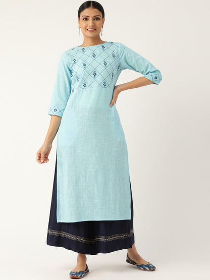 Women Blue Calf Length Three-Quarter Sleeves Straight Solid Embroidered Cotton Kurta | LASVINI - Redefining Indian Fashion with Elegance