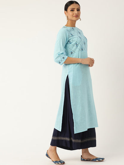 Women Blue Calf Length Three-Quarter Sleeves Straight Solid Embroidered Cotton Kurta | LASVINI - Redefining Indian Fashion with Elegance