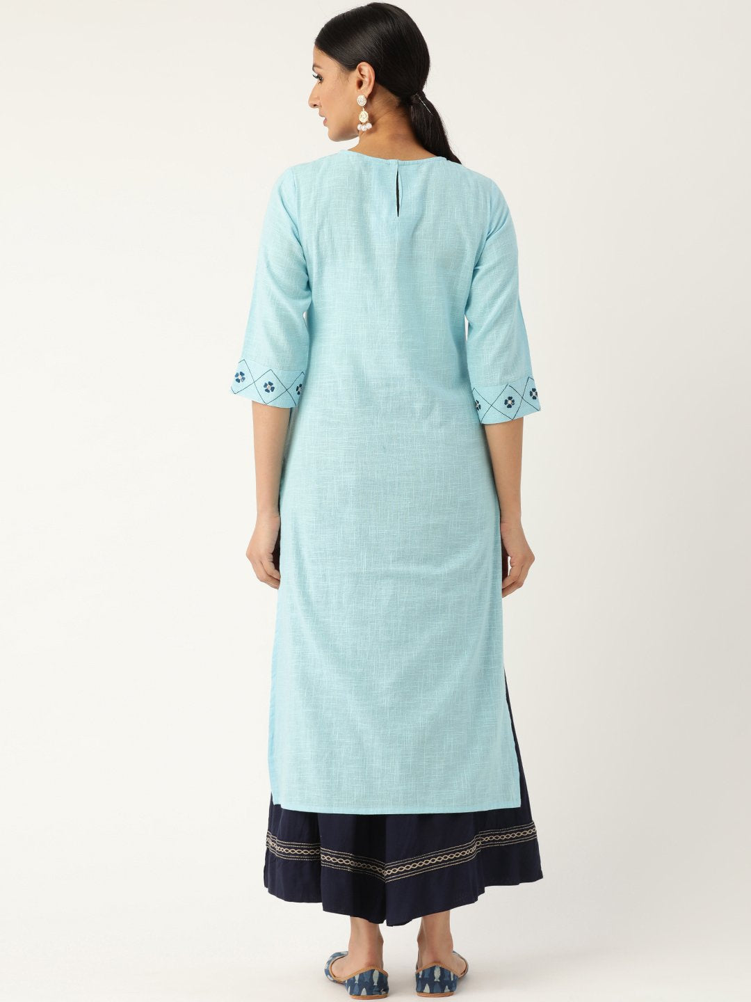 Women Blue Calf Length Three-Quarter Sleeves Straight Solid Embroidered Cotton Kurta | LASVINI - Redefining Indian Fashion with Elegance