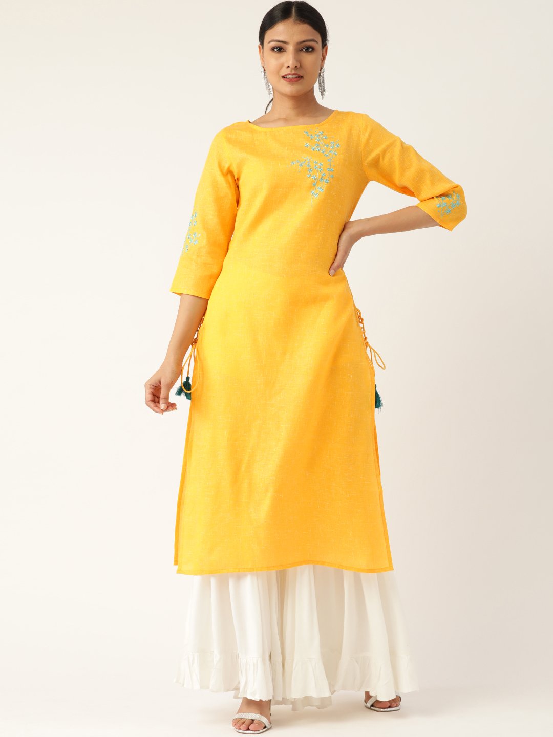 Women Yellow Calf Length Three-Quarter Sleeves Straight Solid Embroidered Cotton Kurta | LASVINI - Redefining Indian Fashion with Elegance