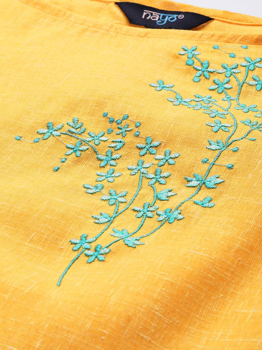 Women Yellow Calf Length Three-Quarter Sleeves Straight Solid Embroidered Cotton Kurta | LASVINI - Redefining Indian Fashion with Elegance