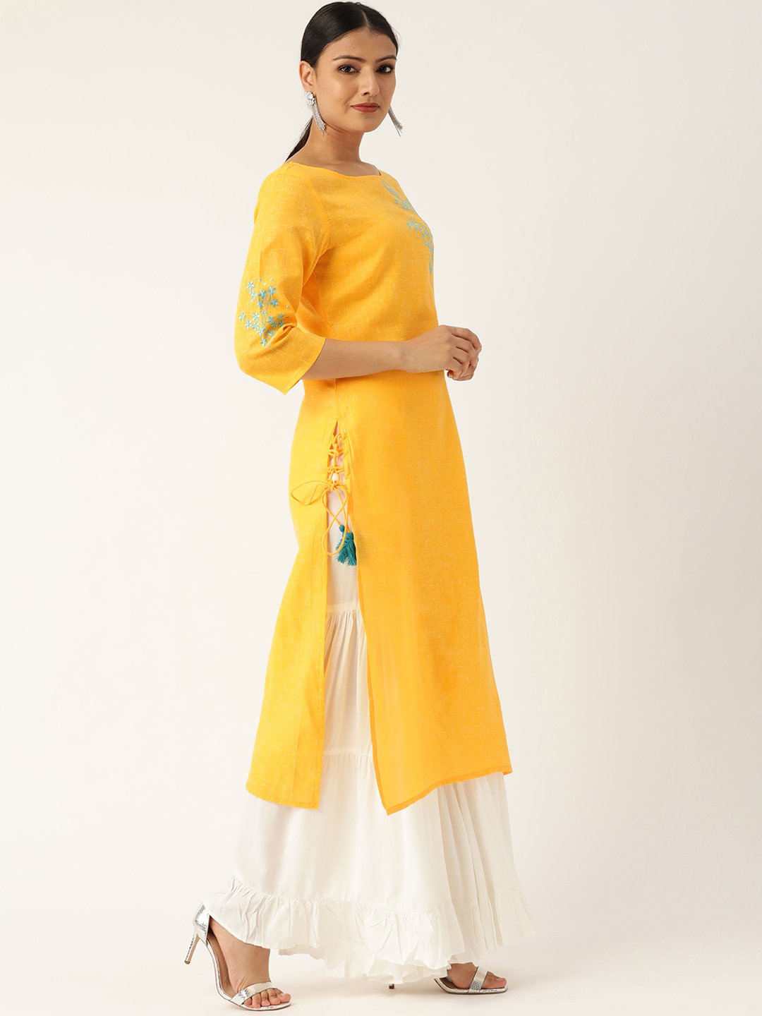 Women Yellow Calf Length Three-Quarter Sleeves Straight Solid Embroidered Cotton Kurta | LASVINI - Redefining Indian Fashion with Elegance