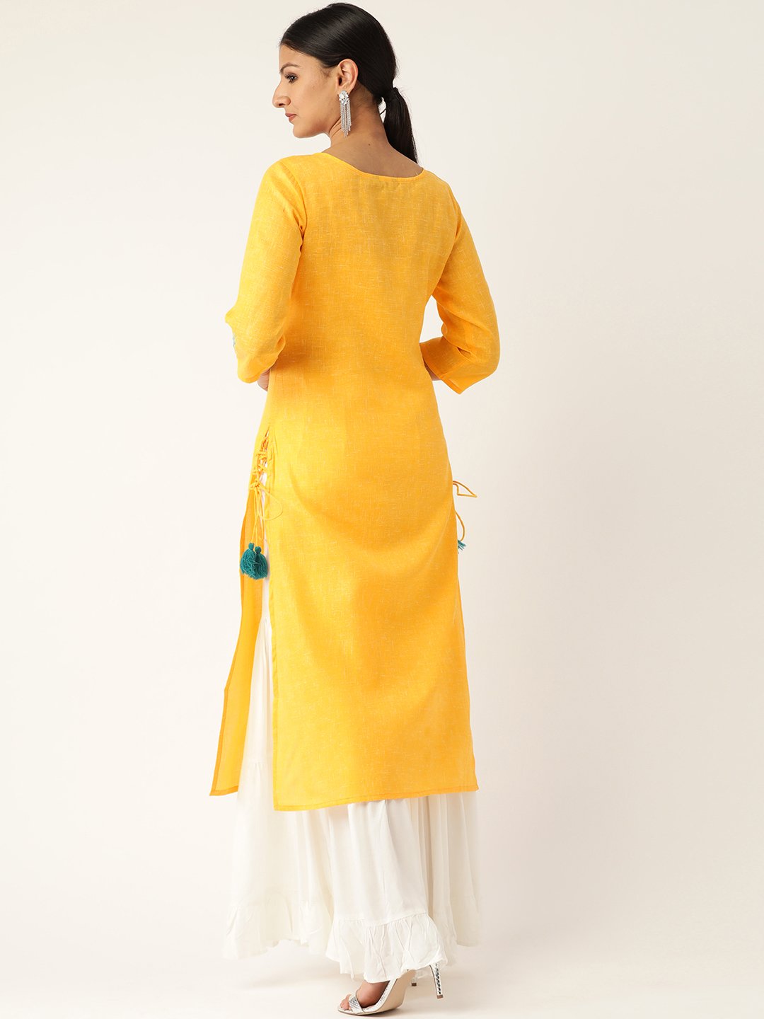 Women Yellow Calf Length Three-Quarter Sleeves Straight Solid Embroidered Cotton Kurta | LASVINI - Redefining Indian Fashion with Elegance
