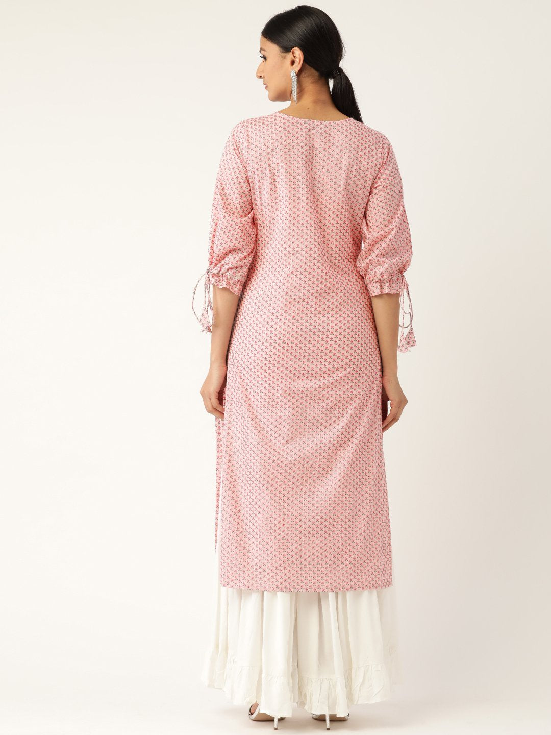 Women Baby Pink Calf Length Three-Quarter Sleeves Straight Floral Printed Cotton Kurta | LASVINI - Redefining Indian Fashion with Elegance