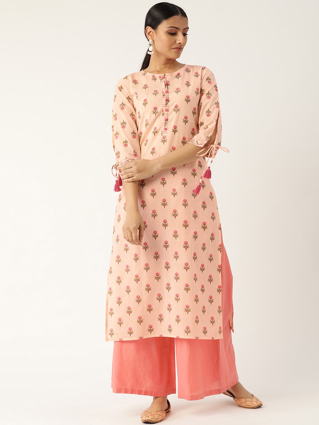 Women Peach Calf Length Three-Quarter Sleeves Straight Floral Printed Cotton Kurta | LASVINI - Redefining Indian Fashion with Elegance