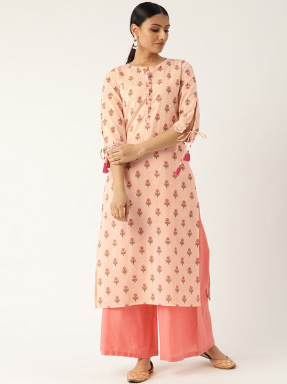 Women Peach Calf Length Three-Quarter Sleeves Straight Floral Printed Cotton Kurta | LASVINI - Redefining Indian Fashion with Elegance