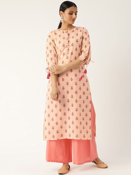 Women Peach Calf Length Three-Quarter Sleeves Straight Floral Printed Cotton Kurta | LASVINI - Redefining Indian Fashion with Elegance