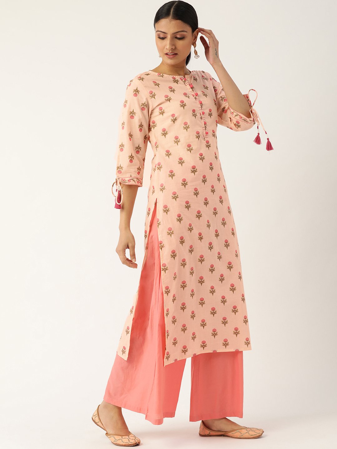Women Peach Calf Length Three-Quarter Sleeves Straight Floral Printed Cotton Kurta | LASVINI - Redefining Indian Fashion with Elegance
