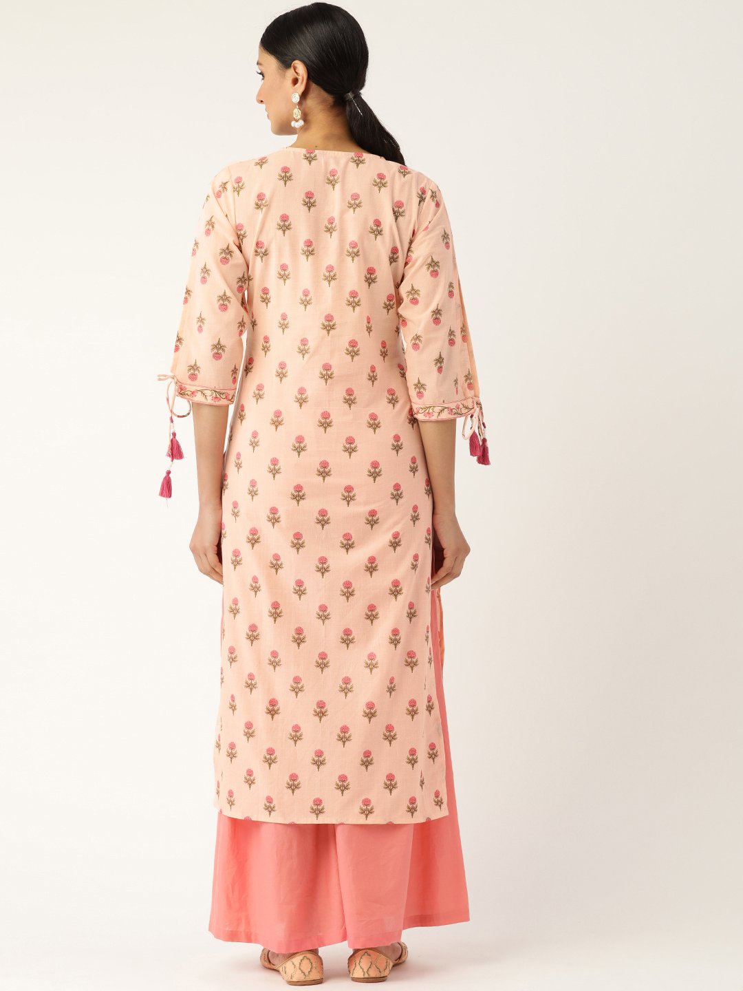 Women Peach Calf Length Three-Quarter Sleeves Straight Floral Printed Cotton Kurta | LASVINI - Redefining Indian Fashion with Elegance