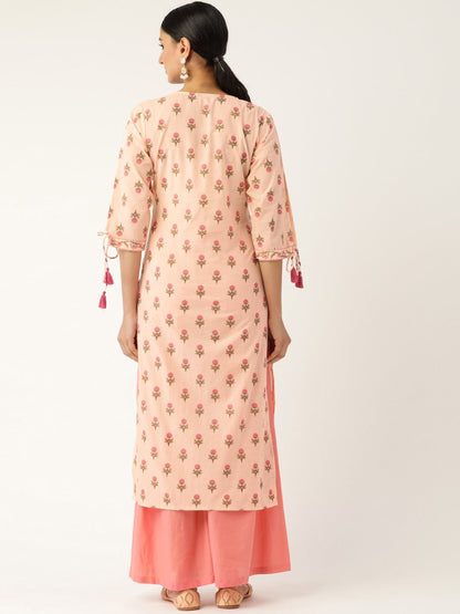 Women Peach Calf Length Three-Quarter Sleeves Straight Floral Printed Cotton Kurta | LASVINI - Redefining Indian Fashion with Elegance