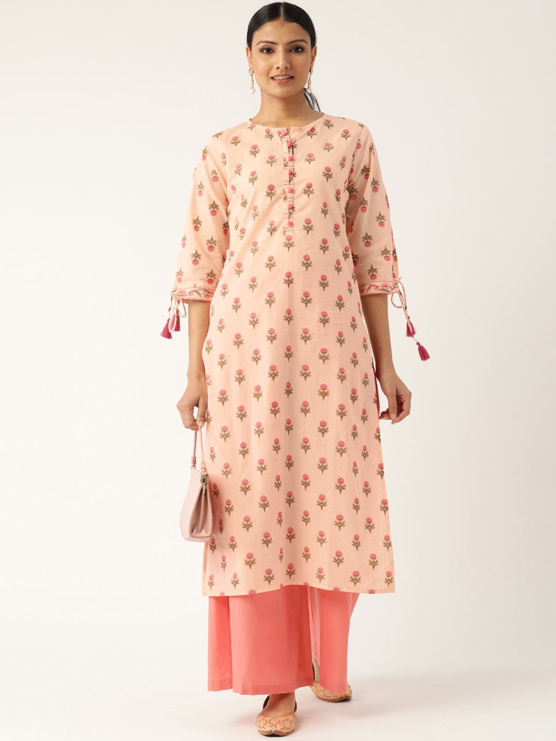 Women Peach Calf Length Three-Quarter Sleeves Straight Floral Printed Cotton Kurta | LASVINI - Redefining Indian Fashion with Elegance