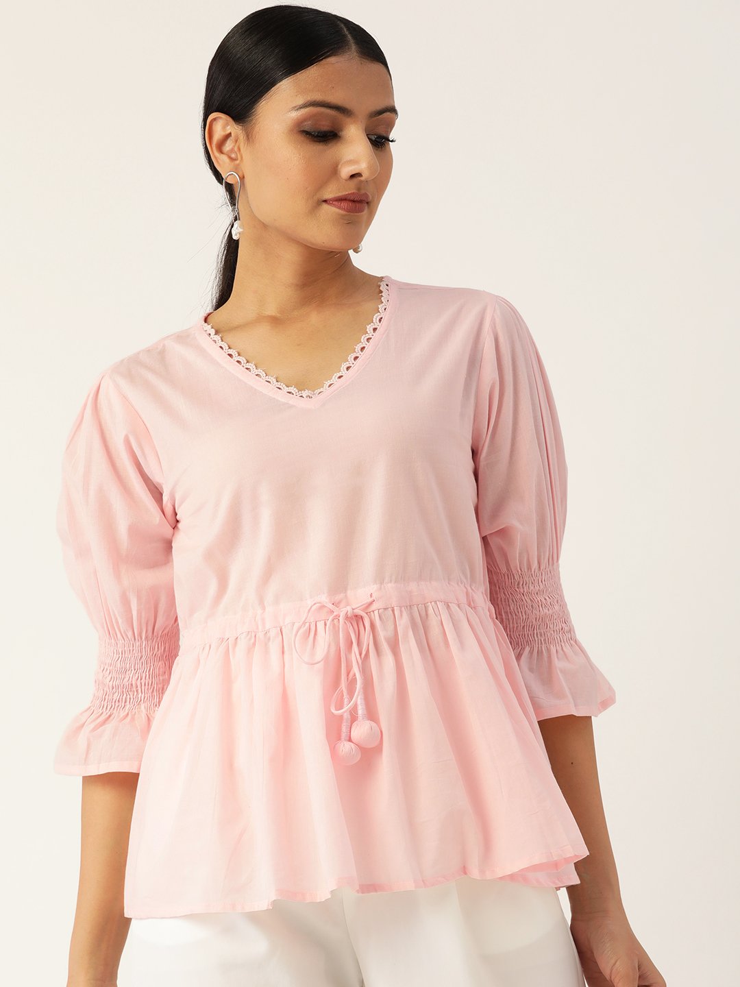Women Pink Three-Quarter Sleeves Smocking Top | LASVINI - Redefining Indian Fashion with Elegance