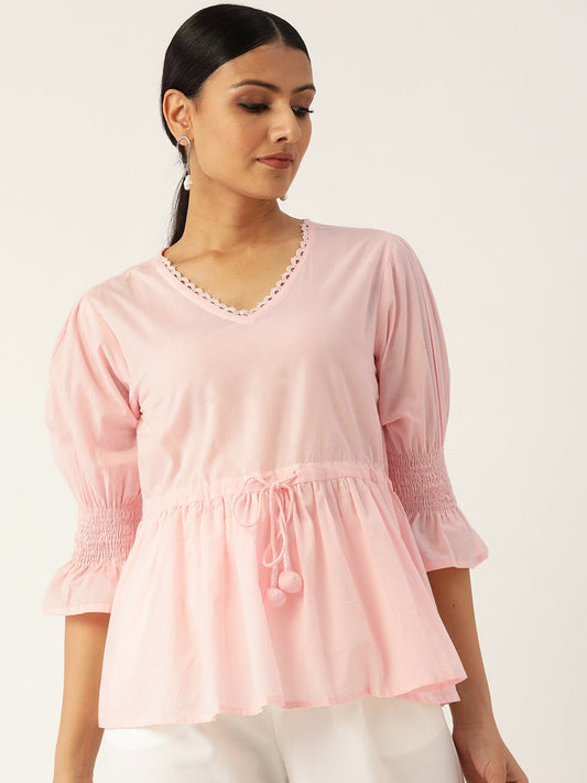 Women Pink Three-Quarter Sleeves Smocking Top | LASVINI - Redefining Indian Fashion with Elegance