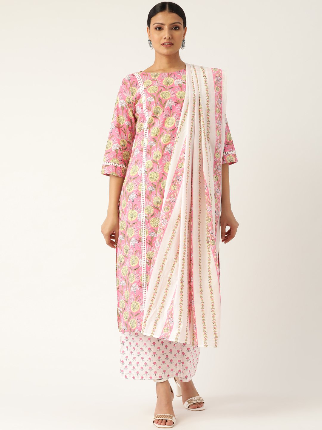 Women Pink & Off-White Printed Kurta With Palazzos & Dupatta | LASVINI - Redefining Indian Fashion with Elegance