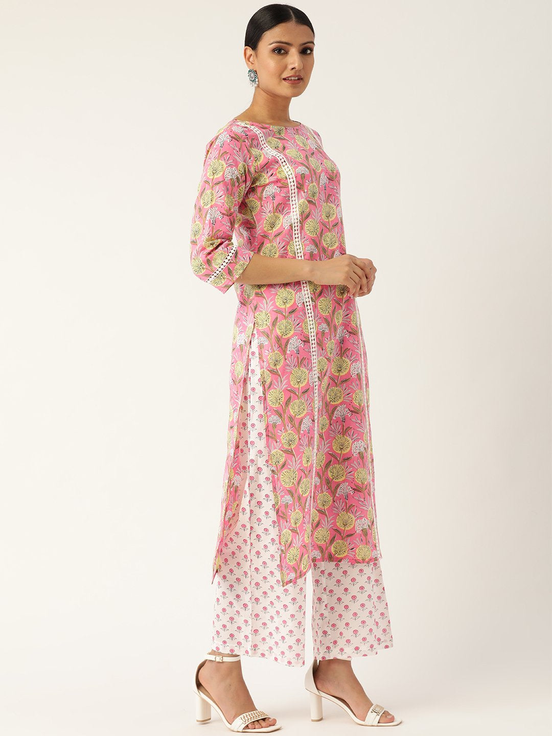 Women Pink & Off-White Printed Kurta With Palazzos & Dupatta | LASVINI - Redefining Indian Fashion with Elegance