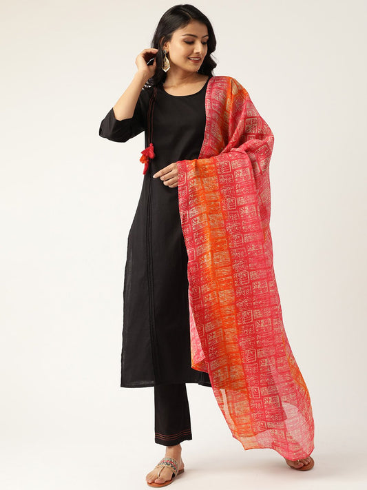 Women Black & Pink Solid Kurta With Trousers & Dupatta | LASVINI - Redefining Indian Fashion with Elegance