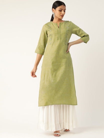 Women Green Calf Length Three-Quarter Sleeves Straight Solid Embroidered Cotton Kurta | LASVINI - Redefining Indian Fashion with Elegance