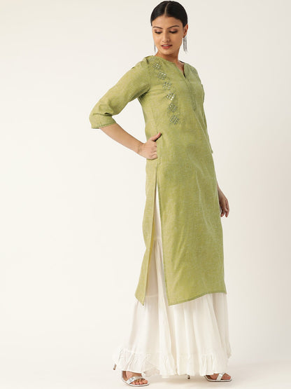 Women Green Calf Length Three-Quarter Sleeves Straight Solid Embroidered Cotton Kurta | LASVINI - Redefining Indian Fashion with Elegance
