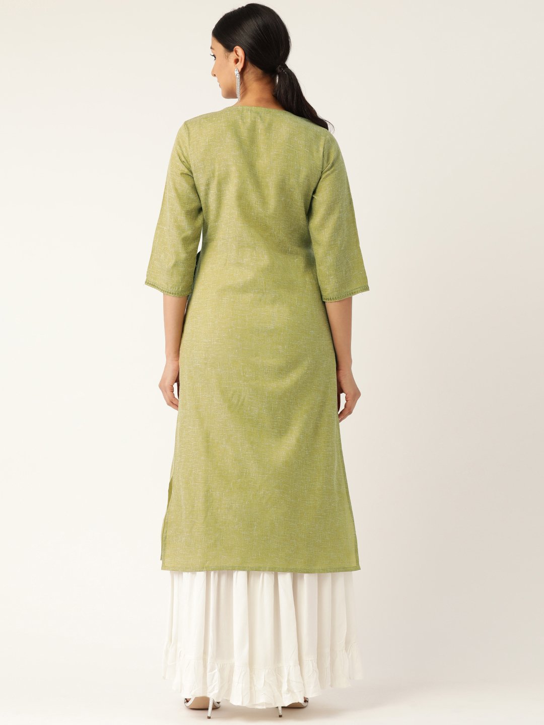 Women Green Calf Length Three-Quarter Sleeves Straight Solid Embroidered Cotton Kurta | LASVINI - Redefining Indian Fashion with Elegance