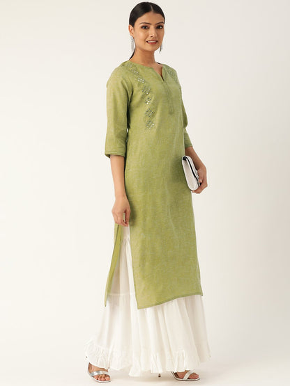Women Green Calf Length Three-Quarter Sleeves Straight Solid Embroidered Cotton Kurta | LASVINI - Redefining Indian Fashion with Elegance