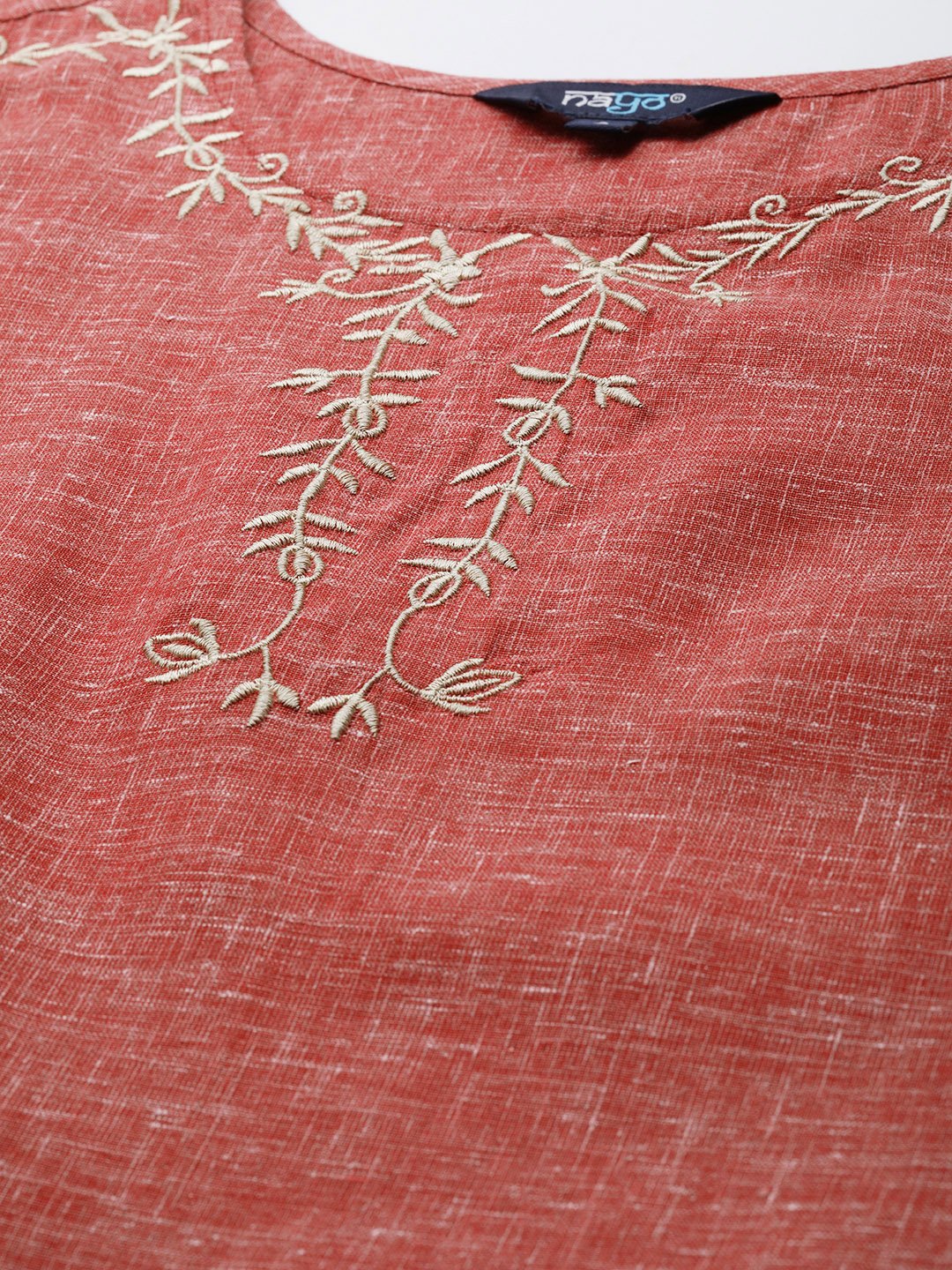 Women Maroon Calf Length Three-Quarter Sleeves Straight Solid Embroidered Cotton Kurta | LASVINI - Redefining Indian Fashion with Elegance