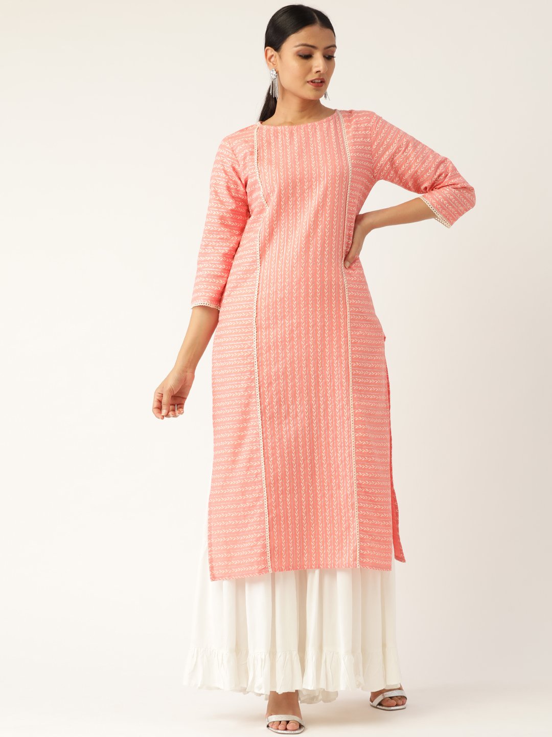 Women Pink Calf Length Three-Quarter Sleeves Straight Striped Striped Cotton Kurta | LASVINI - Redefining Indian Fashion with Elegance