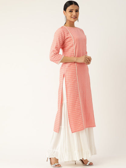 Women Pink Calf Length Three-Quarter Sleeves Straight Striped Striped Cotton Kurta | LASVINI - Redefining Indian Fashion with Elegance
