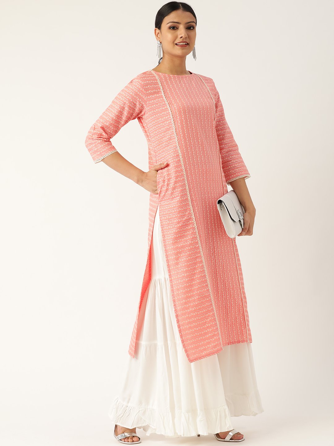 Women Pink Calf Length Three-Quarter Sleeves Straight Striped Striped Cotton Kurta | LASVINI - Redefining Indian Fashion with Elegance