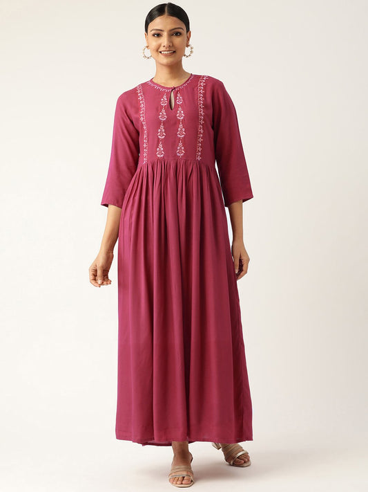 Women Pink Solid Solid Keyhole Neck Viscose Rayon Fit And Flare Dress | LASVINI - Redefining Indian Fashion with Elegance