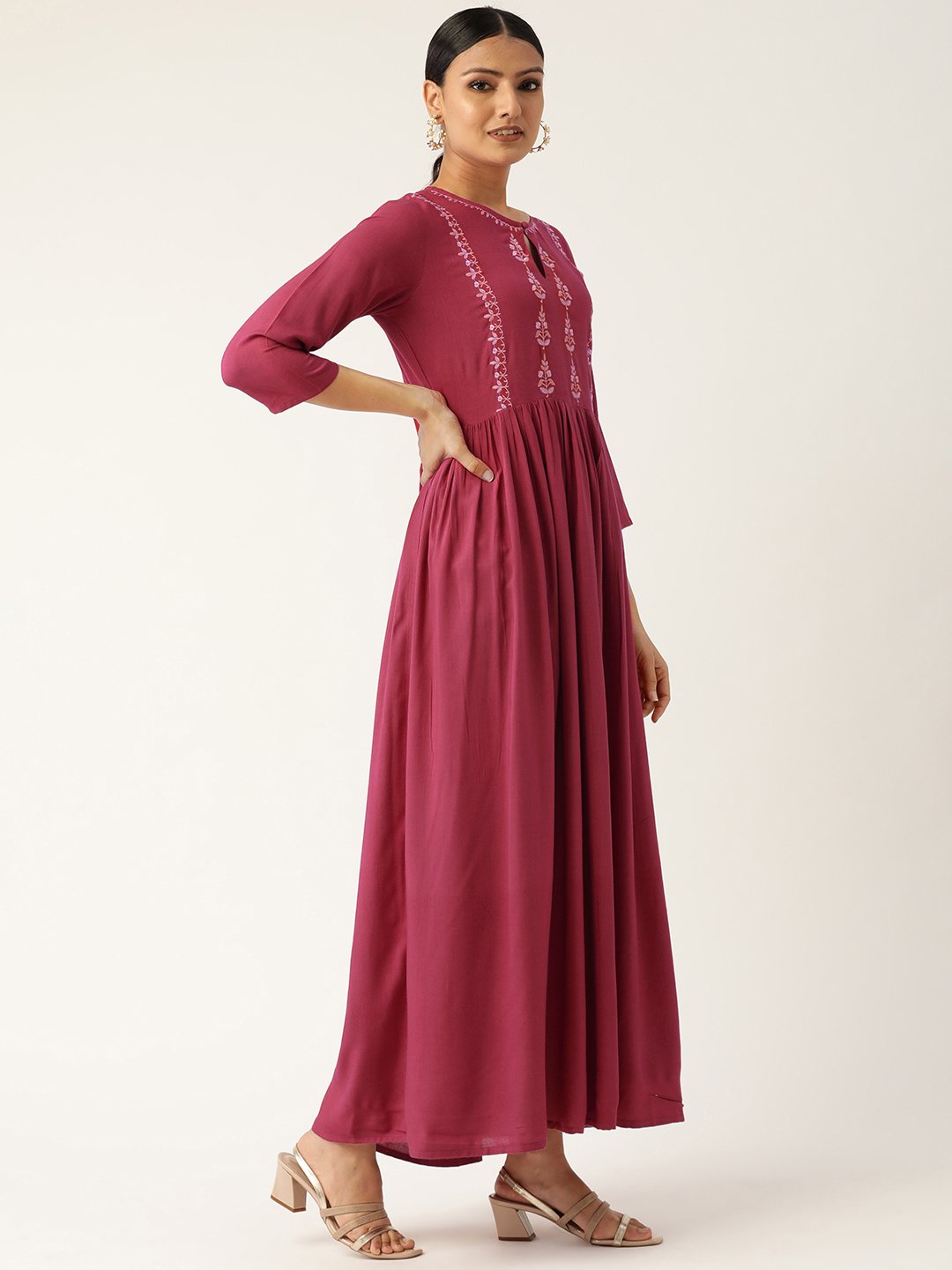Women Pink Solid Solid Keyhole Neck Viscose Rayon Fit And Flare Dress | LASVINI - Redefining Indian Fashion with Elegance
