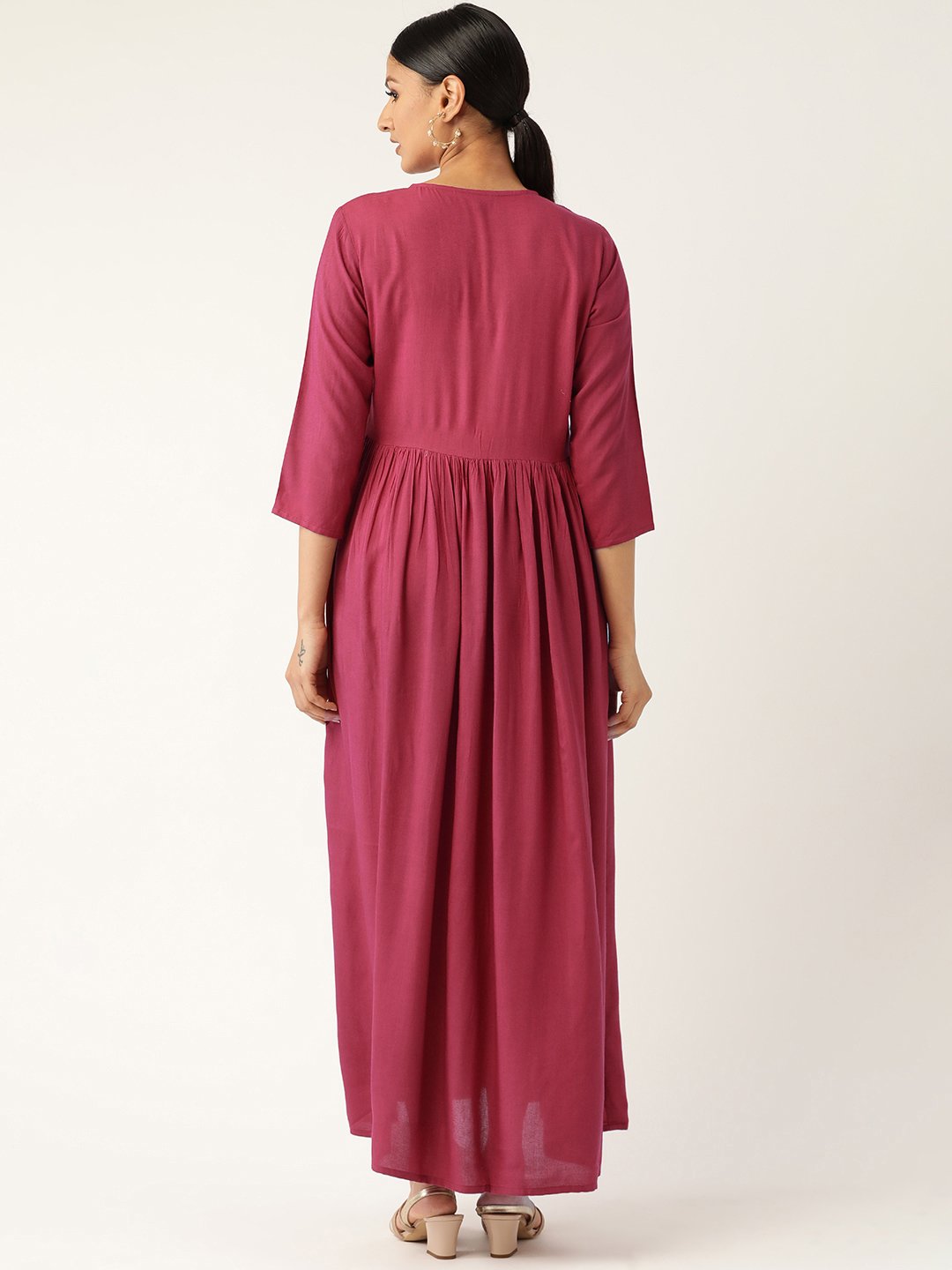 Women Pink Solid Solid Keyhole Neck Viscose Rayon Fit And Flare Dress | LASVINI - Redefining Indian Fashion with Elegance