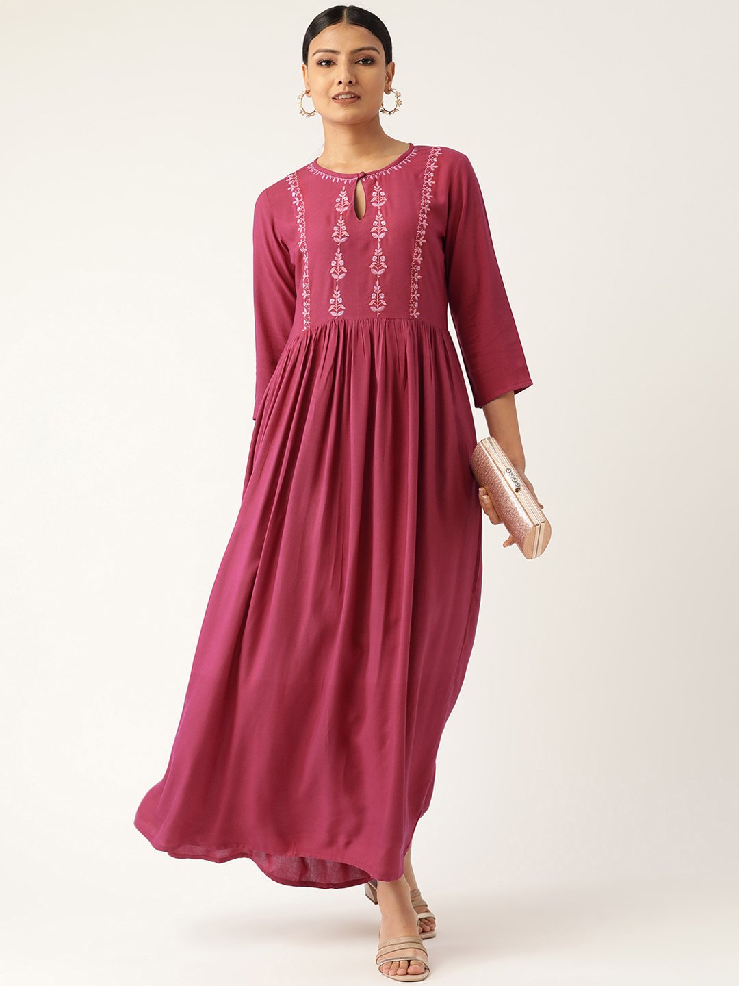 Women Pink Solid Solid Keyhole Neck Viscose Rayon Fit And Flare Dress | LASVINI - Redefining Indian Fashion with Elegance