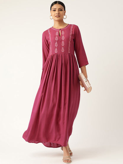 Women Pink Solid Solid Keyhole Neck Viscose Rayon Fit And Flare Dress | LASVINI - Redefining Indian Fashion with Elegance