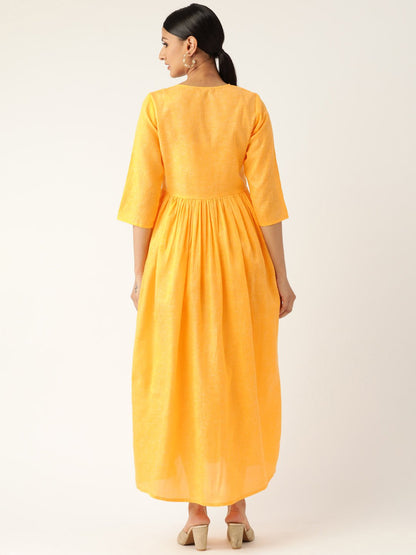 Women Yellow Solid Solid Keyhole Neck Cotton Fit And Flare Dress | LASVINI - Redefining Indian Fashion with Elegance