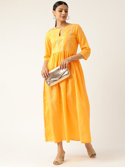 Women Yellow Solid Solid Keyhole Neck Cotton Fit And Flare Dress | LASVINI - Redefining Indian Fashion with Elegance