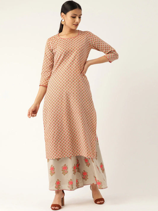 Women Beige & Pink Printed Kurta With Palazzos | LASVINI - Redefining Indian Fashion with Elegance