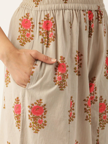 Women Beige & Pink Printed Kurta With Palazzos | LASVINI - Redefining Indian Fashion with Elegance